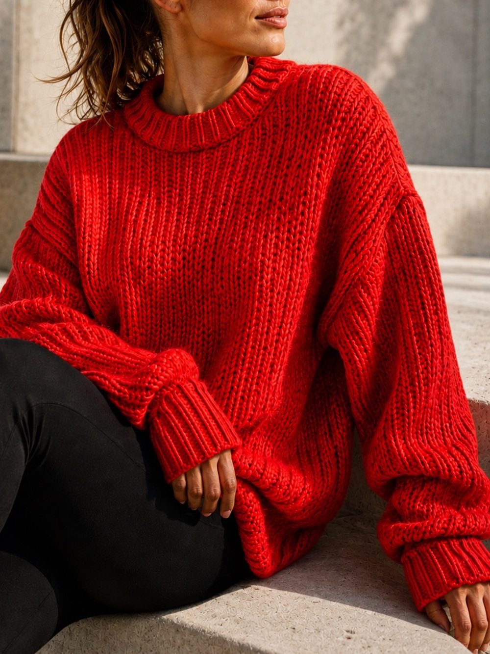 Red Chunky Ribbed Crewneck Sweater